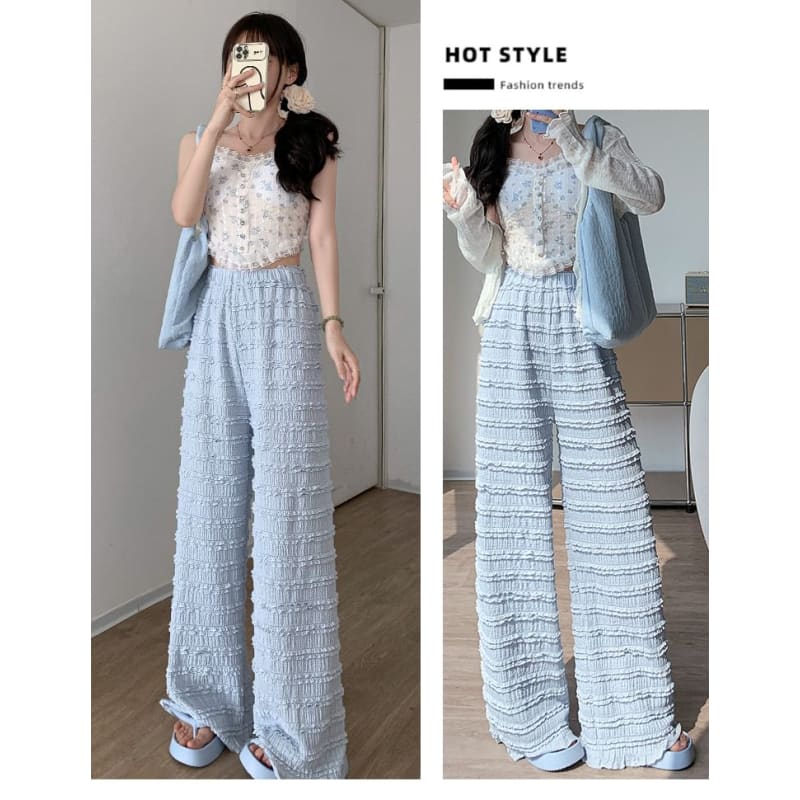 Elastic Waist Plain Frill Wide Leg Pants