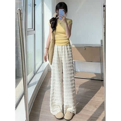 Elastic Waist Plain Frill Wide Leg Pants - Almond / S