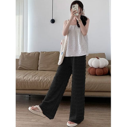 Elastic Waist Plain Frill Wide Leg Pants - Black / S