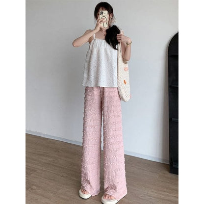 Elastic Waist Plain Frill Wide Leg Pants - Pink / S