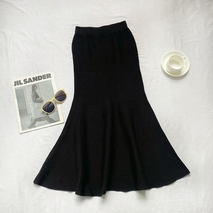 Elastic Waist Plain Midi Mermaid Knit Skirt