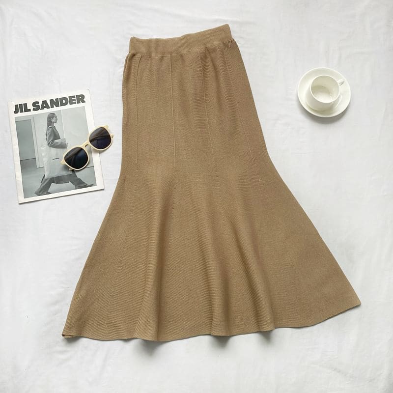 Elastic Waist Plain Midi Mermaid Knit Skirt