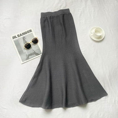 Elastic Waist Plain Midi Mermaid Knit Skirt - Gray