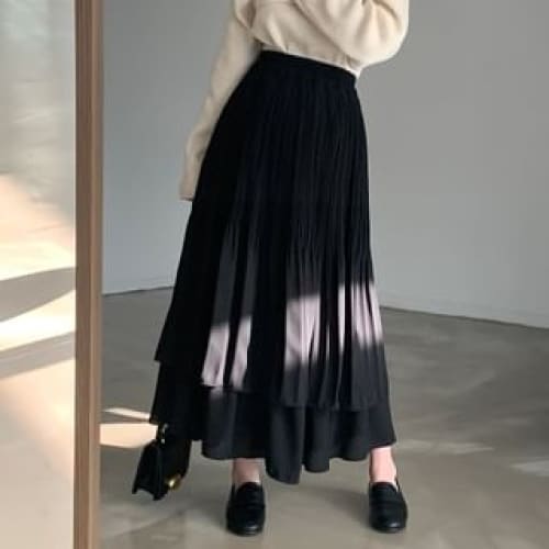 Elastic Waist Plain Pleated Panel Maxi A-Line Skirt - Black