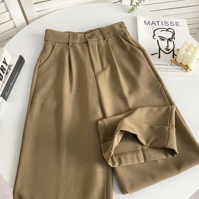 Elastic Waist Plain Roll Up Hem Dress Pants