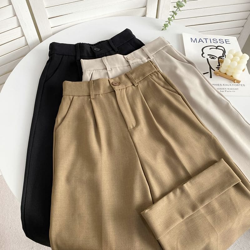 Elastic Waist Plain Roll Up Hem Dress Pants