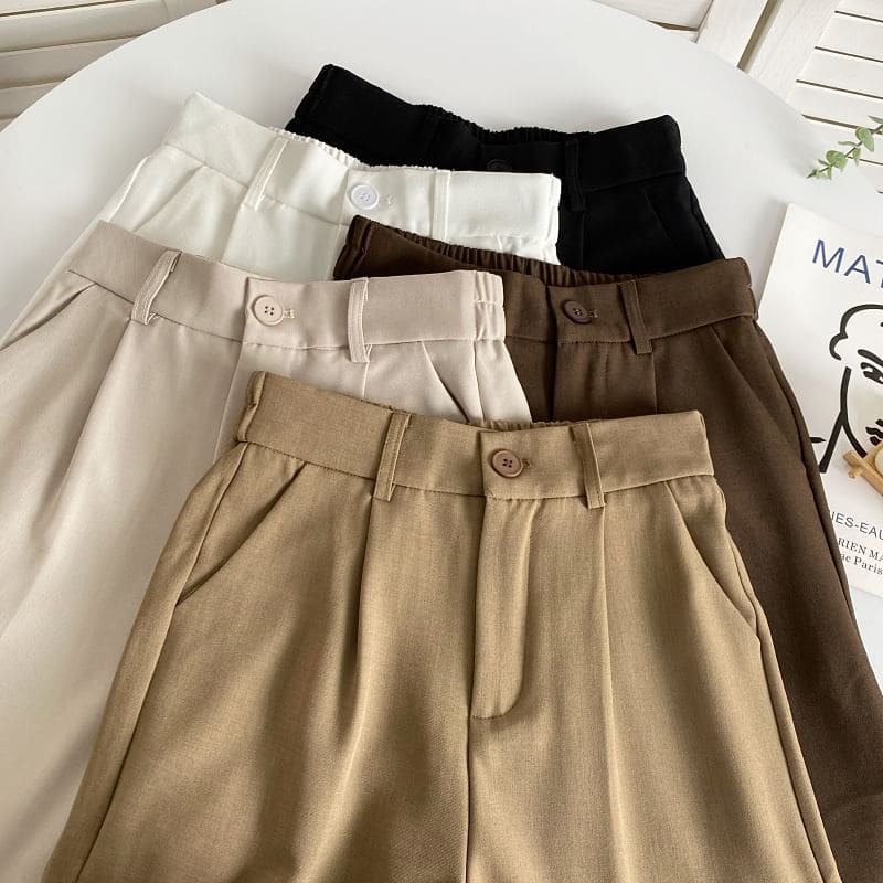 Elastic Waist Plain Roll Up Hem Dress Pants