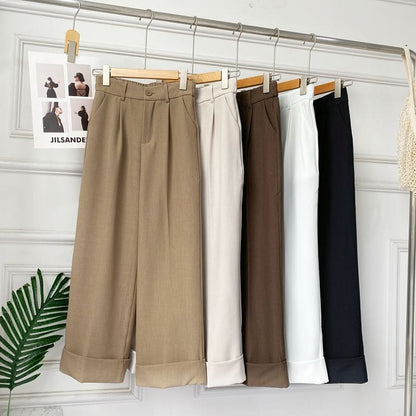 Elastic Waist Plain Roll Up Hem Dress Pants