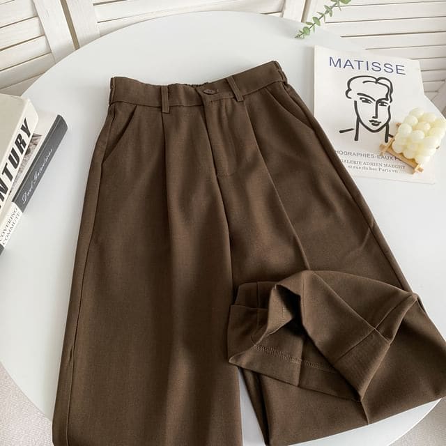 Elastic Waist Plain Roll Up Hem Dress Pants - Dark Brown / S