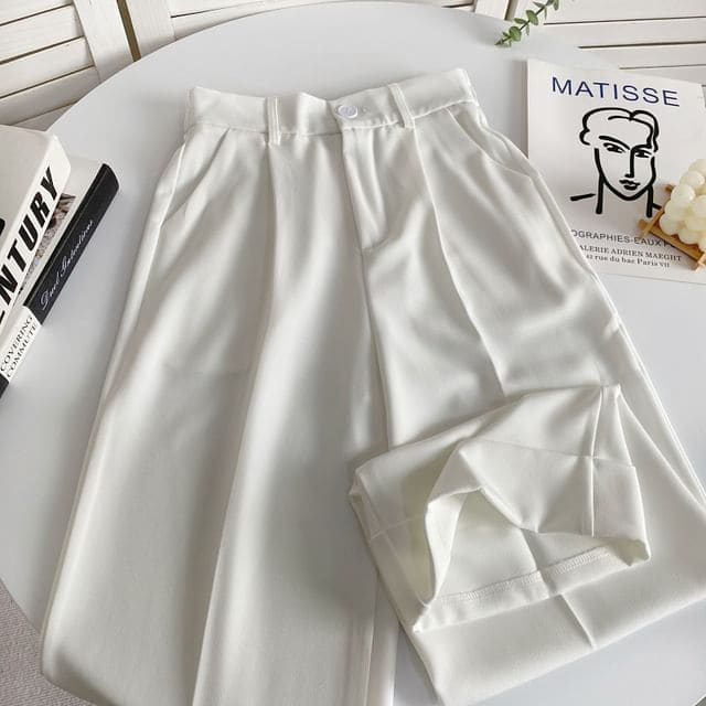 Elastic Waist Plain Roll Up Hem Dress Pants - White / S