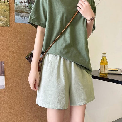 Elastic Waist Plain Shorts - Green / S