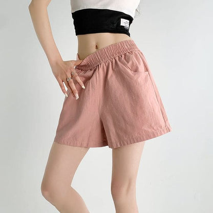 Elastic Waist Plain Shorts - Pink / S