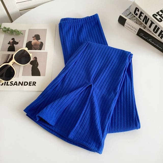 Elastic Waist Plain Slit Ribbed Flared Pants - Blue