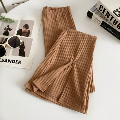 Elastic Waist Plain Slit Ribbed Flared Pants - Coffee