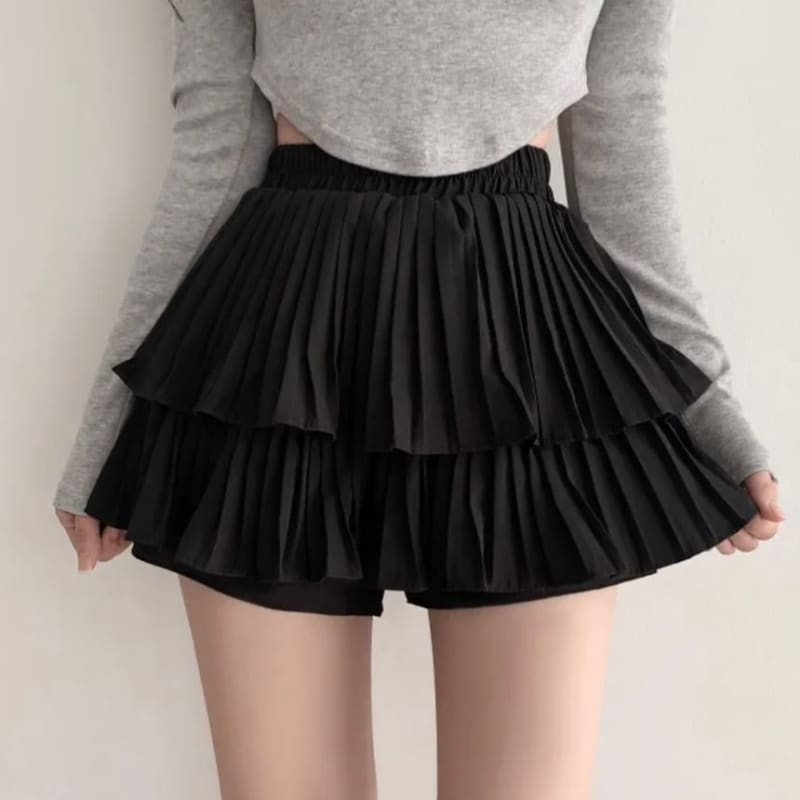 Elastic Waist Plain Tiered Skorts