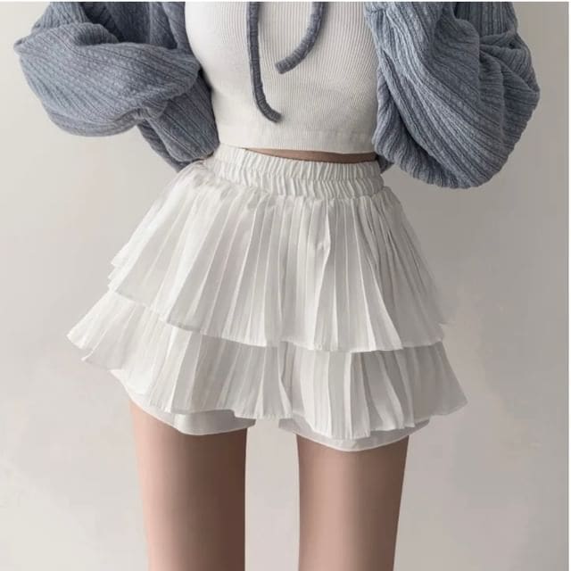 Elastic Waist Plain Tiered Skorts - White / One Size