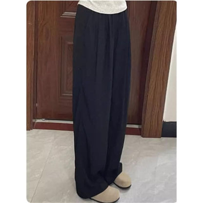 Elastic Waist Plain Wide Leg Pants - Black / S