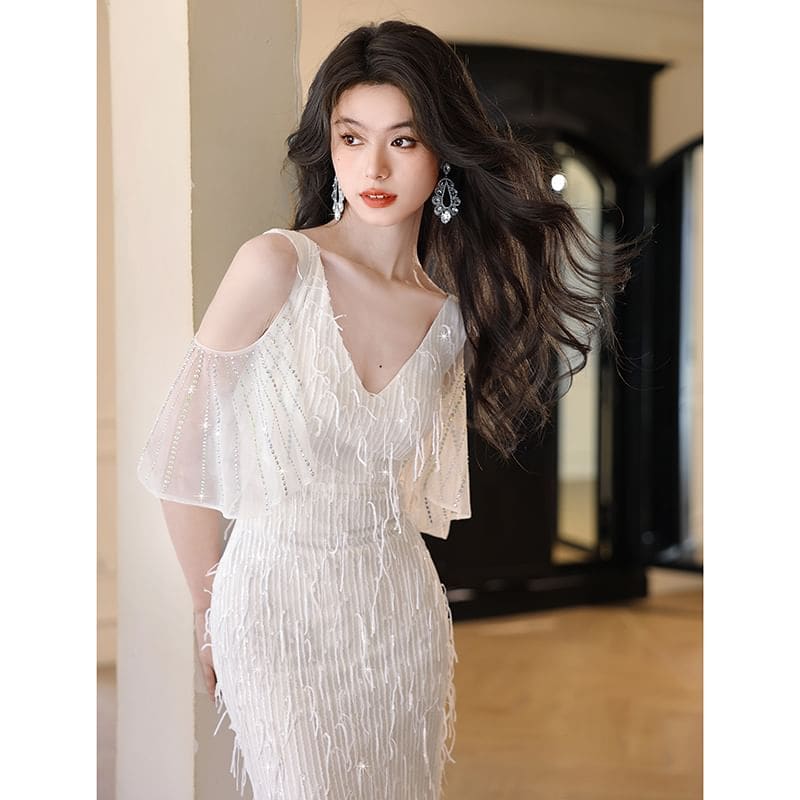 Elbow-Sleeve Cold Shoulder V-Neck Fringed Mermaid Evening