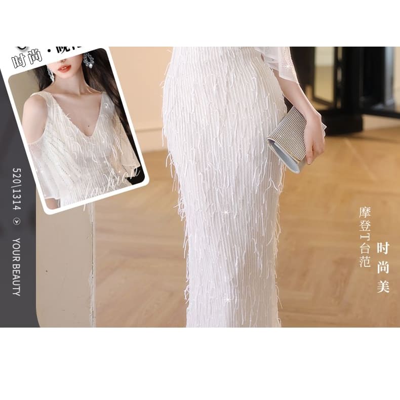 Elbow-Sleeve Cold Shoulder V-Neck Fringed Mermaid Evening