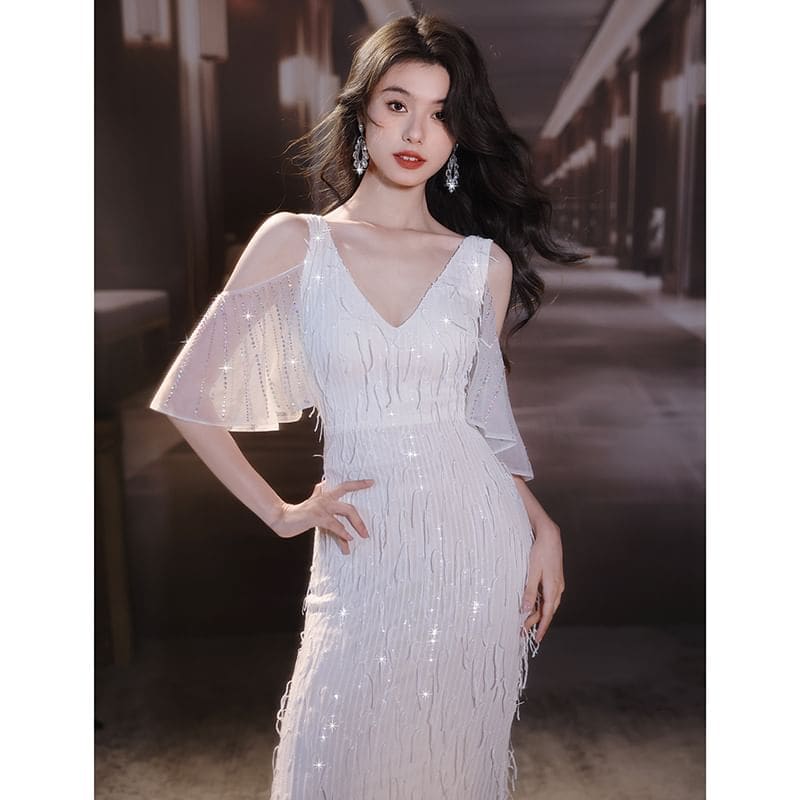 Elbow-Sleeve Cold Shoulder V-Neck Fringed Mermaid Evening