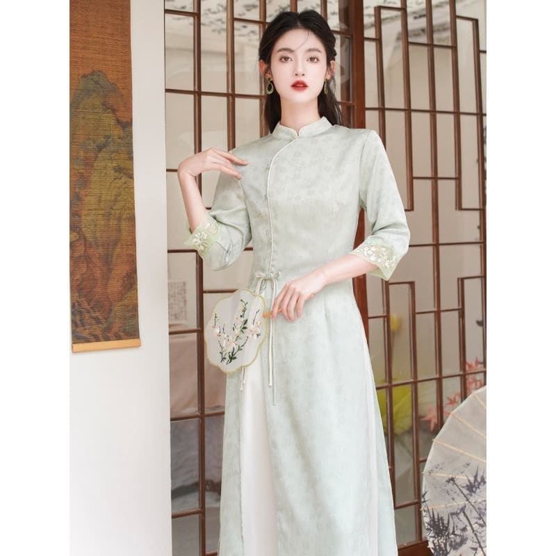 Elbow-Sleeve Floral Side-Slit Midi Hanfu Dress / High Waist