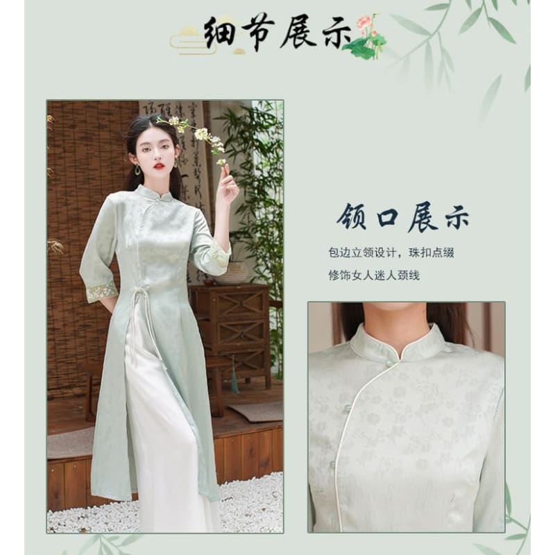 Elbow-Sleeve Floral Side-Slit Midi Hanfu Dress / High Waist