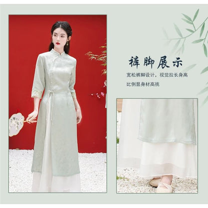 Elbow-Sleeve Floral Side-Slit Midi Hanfu Dress / High Waist