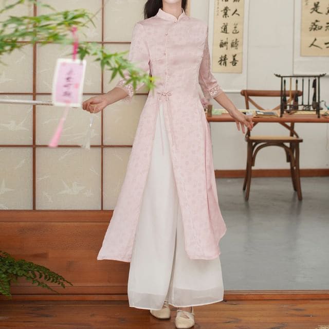 Elbow-Sleeve Floral Side-Slit Midi Hanfu Dress / High Waist