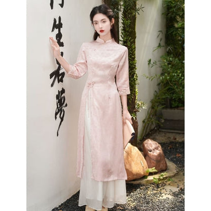 Elbow-Sleeve Floral Side-Slit Midi Hanfu Dress / High Waist