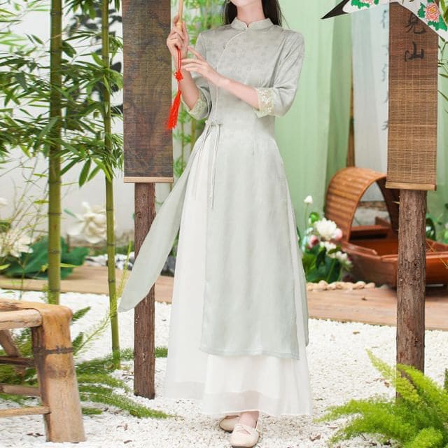 Elbow-Sleeve Floral Side-Slit Midi Hanfu Dress / High Waist