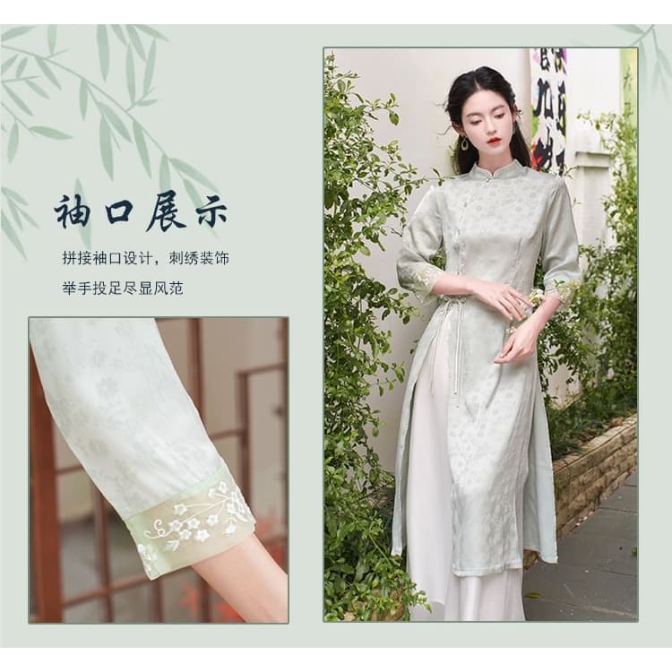 Elbow-Sleeve Floral Side-Slit Midi Hanfu Dress / High Waist