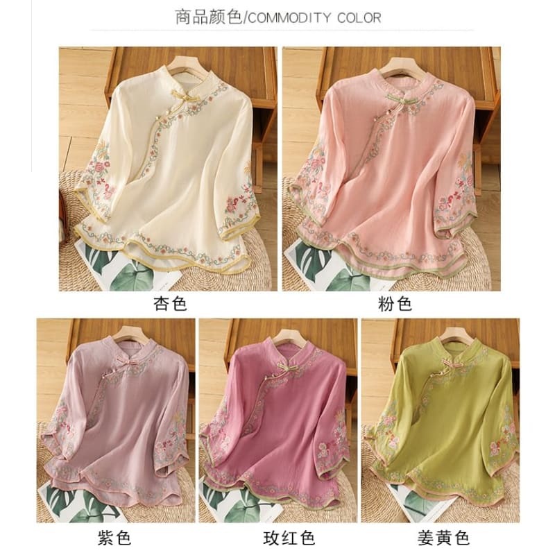 Elbow-Sleeve Flower Embroidered Blouse - Clothing