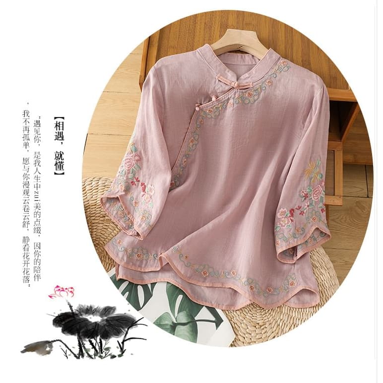 Elbow-Sleeve Flower Embroidered Blouse - Clothing