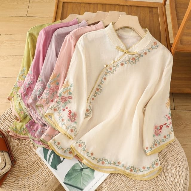 Elbow-Sleeve Flower Embroidered Blouse - Clothing