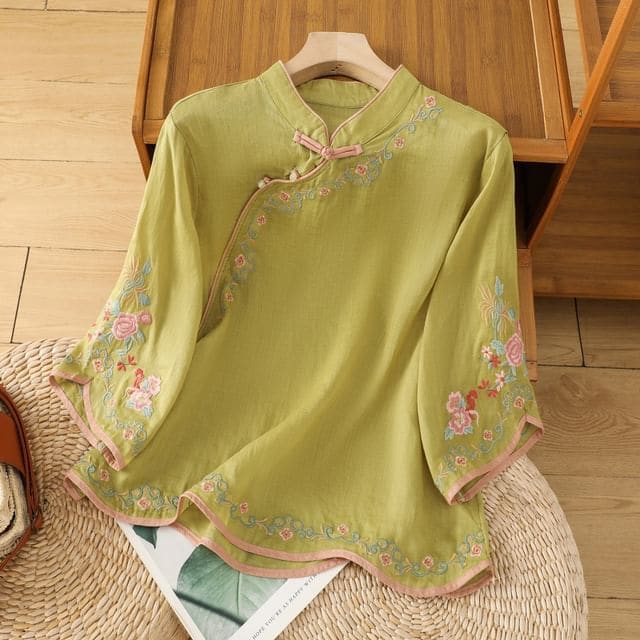 Elbow-Sleeve Flower Embroidered Blouse - Green / M