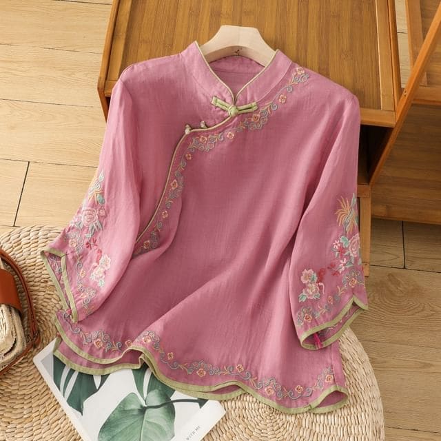 Elbow-Sleeve Flower Embroidered Blouse - Rose Pink / M