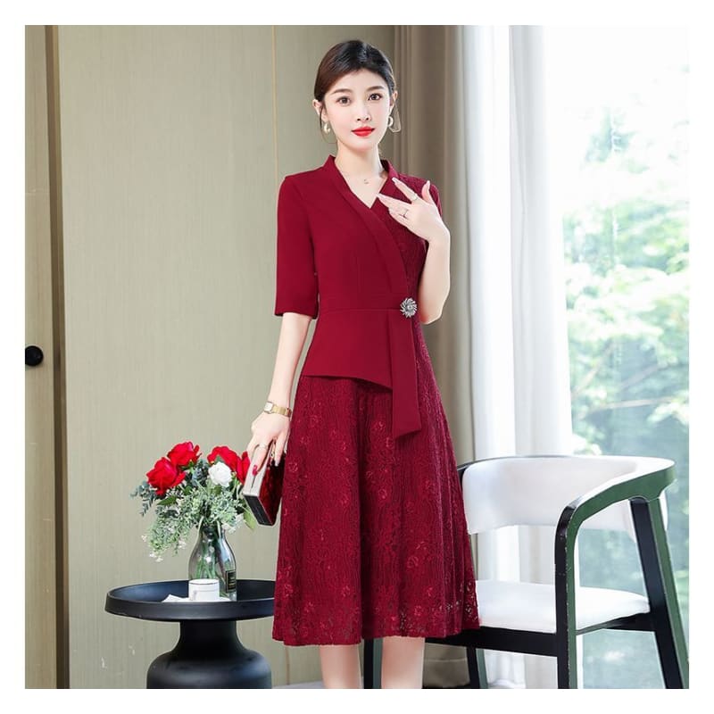 Elbow-Sleeve Lace Panel A-Line Dress