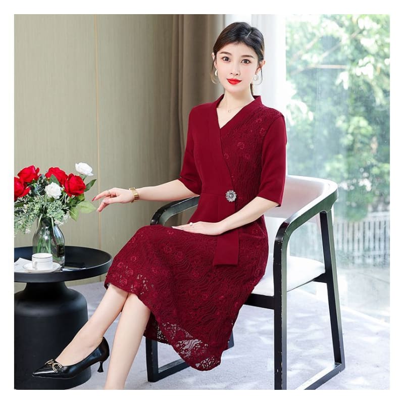 Elbow-Sleeve Lace Panel A-Line Dress