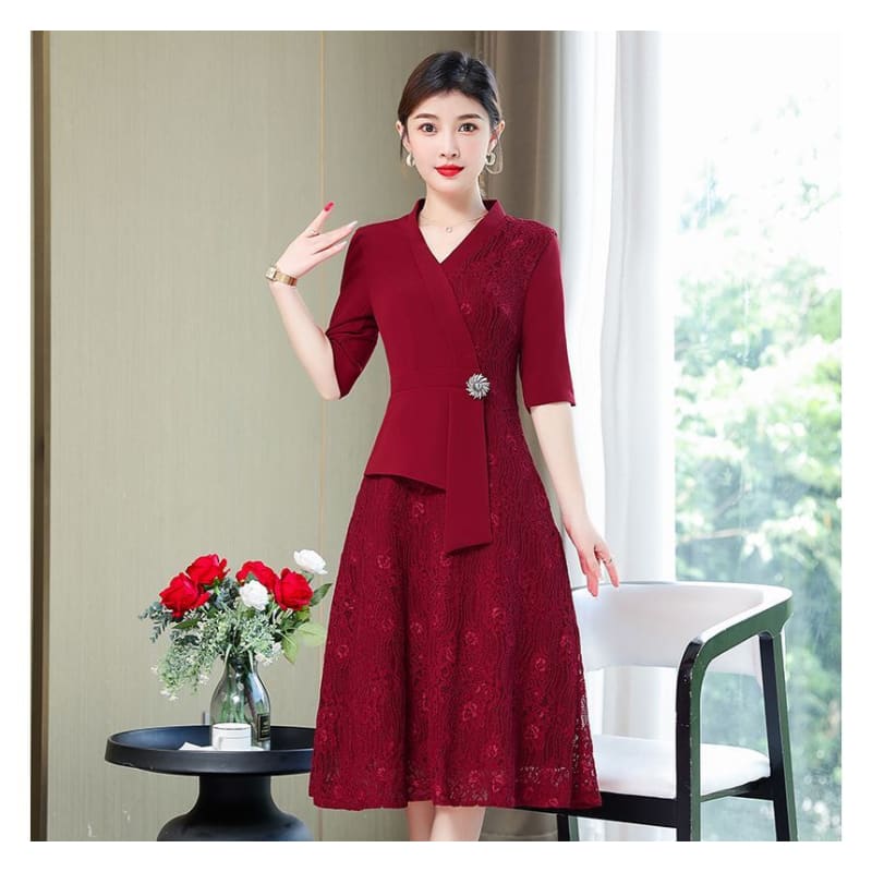 Elbow-Sleeve Lace Panel A-Line Dress