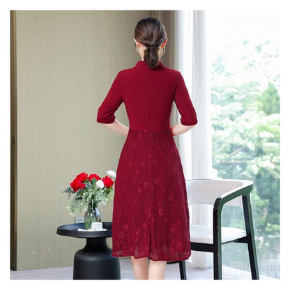 Elbow-Sleeve Lace Panel A-Line Dress