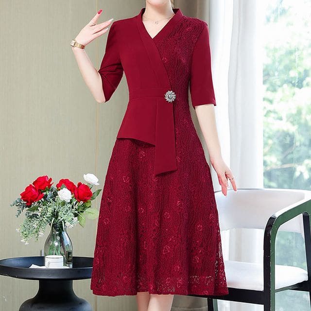 Elbow-Sleeve Lace Panel A-Line Dress - Red / M