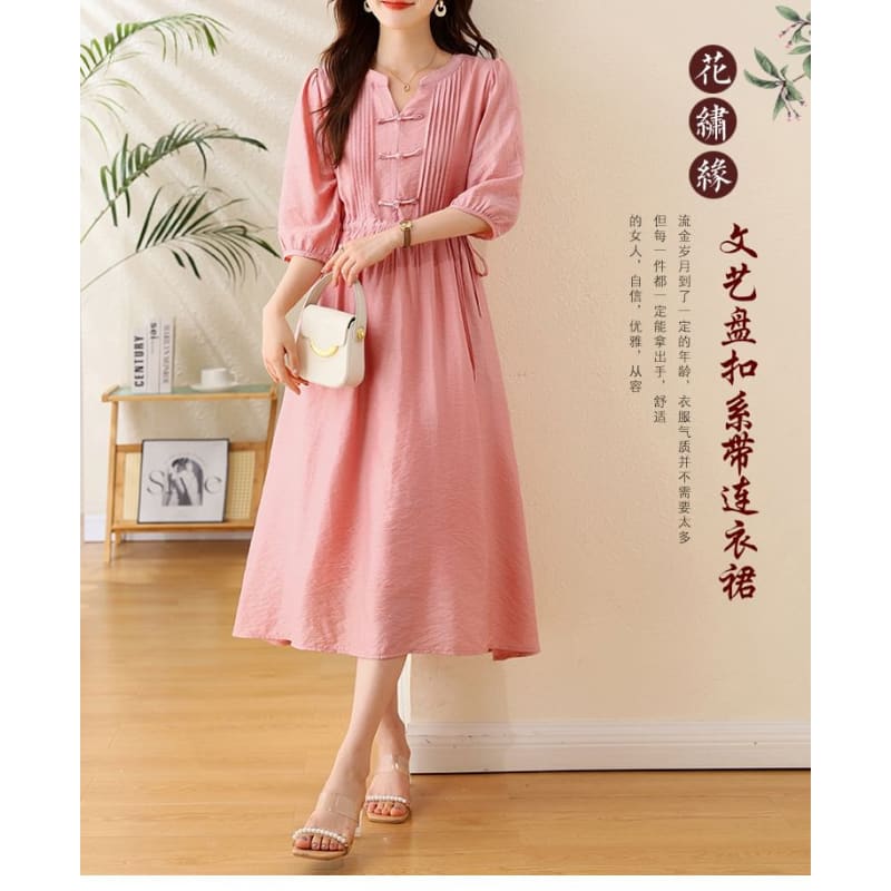 Elbow-Sleeve Notch Neck Plain Bowknot Midi A-Line Dress