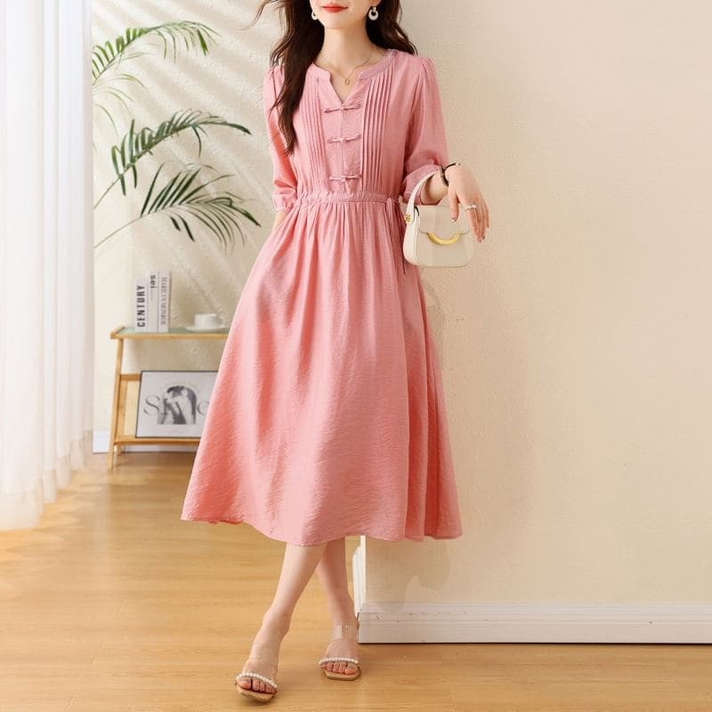 Elbow-Sleeve Notch Neck Plain Bowknot Midi A-Line Dress