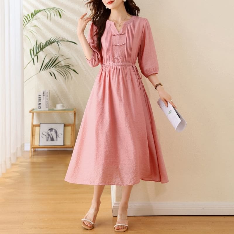 Elbow-Sleeve Notch Neck Plain Bowknot Midi A-Line Dress