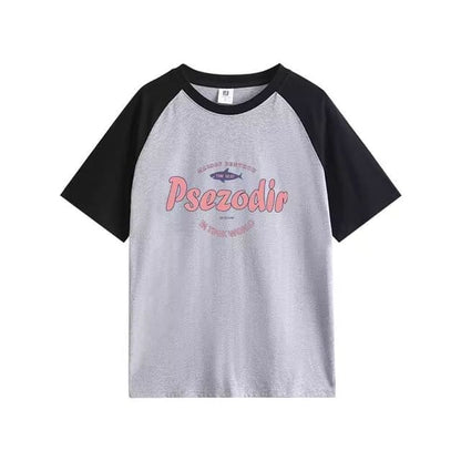 Elbow-Sleeve Round Neck Lettering Raglan Tee - Black