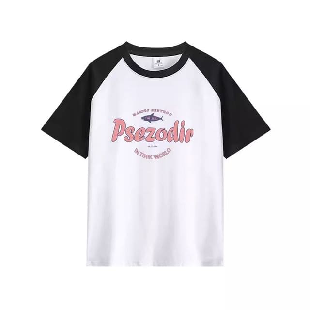 Elbow-Sleeve Round Neck Lettering Raglan Tee - Black