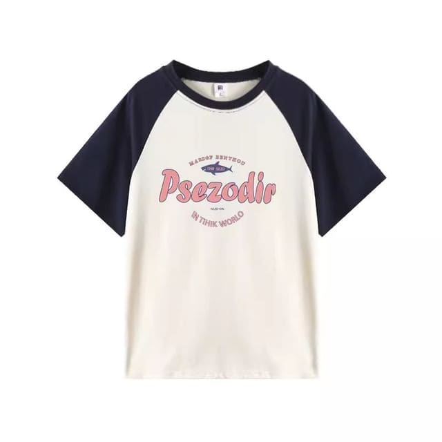 Elbow-Sleeve Round Neck Lettering Raglan Tee - Navy Blue