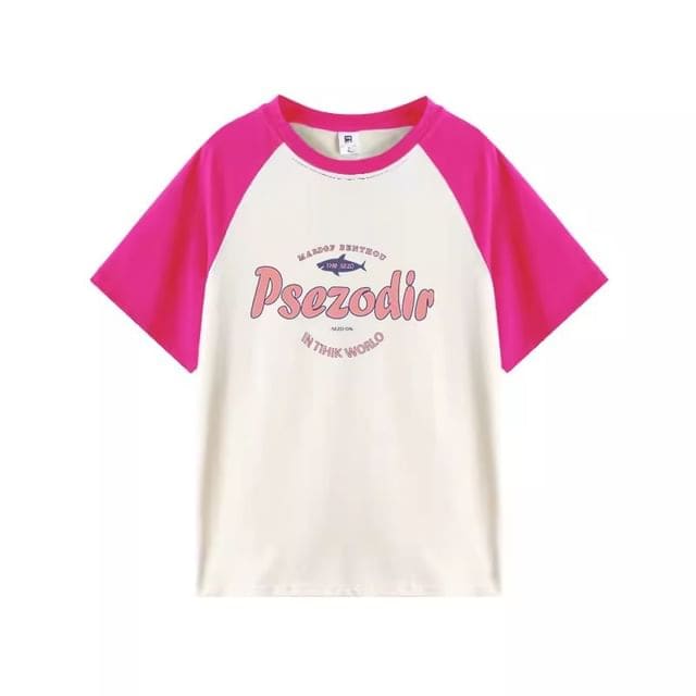 Elbow-Sleeve Round Neck Lettering Raglan Tee - Rose Pink