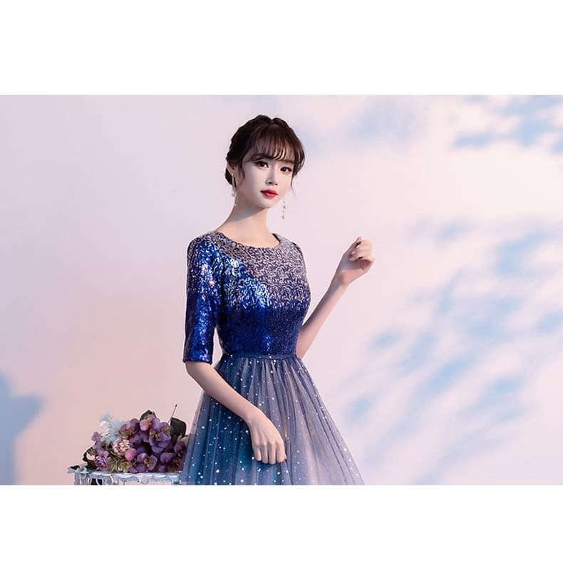 Elbow-Sleeve Sequin Mesh A-Line Evening Gown