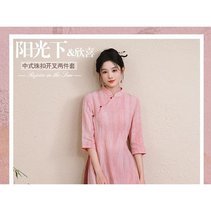 Elbow-Sleeve Striped Side-Slit Midi Hanfu Dress / Mid Rise